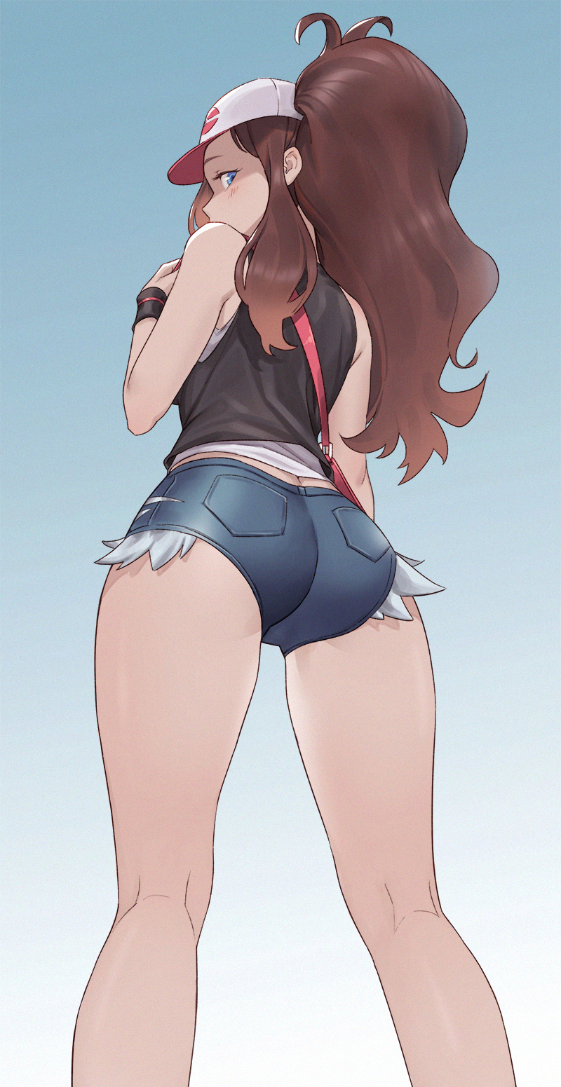 1girl ass bare_shoulders baseball_cap blue_background blue_eyes blush brown_hair cheshirrr commentary denim denim_shorts from_behind from_below hat high_ponytail highres long_hair looking_at_viewer pokemon ponytail short_shorts shorts simple_background solo touko_(pokemon) wristband