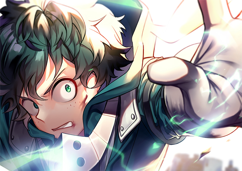 1boy bodysuit boku_no_hero_academia commentary_request energy face face_mask freckles gloves green_bodysuit green_hair mask mask_removed messy_hair midoriya_izuku parted_lips sal short_hair solo teeth v-shaped_eyebrows white_gloves