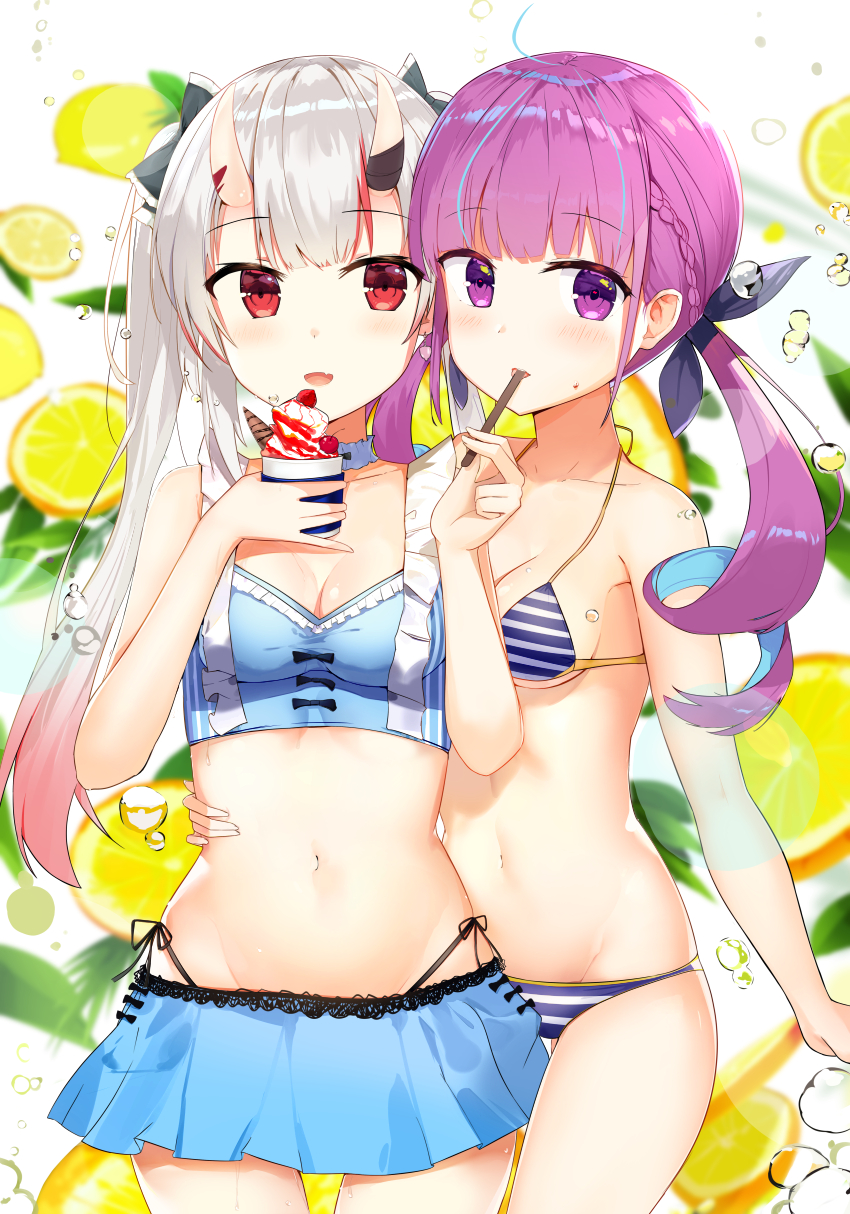 ahoge bangs bare_arms bare_shoulders bikini bikini_skirt blue_bikini blue_hair blush braid breasts collarbone commentary_request eyebrows_visible_through_hair food hair_ornament hair_ribbon highres hololive horns long_hair looking_at_viewer mask minato_aqua multicolored_hair multiple_girls nakiri_ayame navel oni_horns open_mouth purple_hair red_eyes ribbon silver_hair smile streaked_hair swimsuit twintails two-tone_hair violet_eyes virtual_youtuber zhiyou_ruozhe