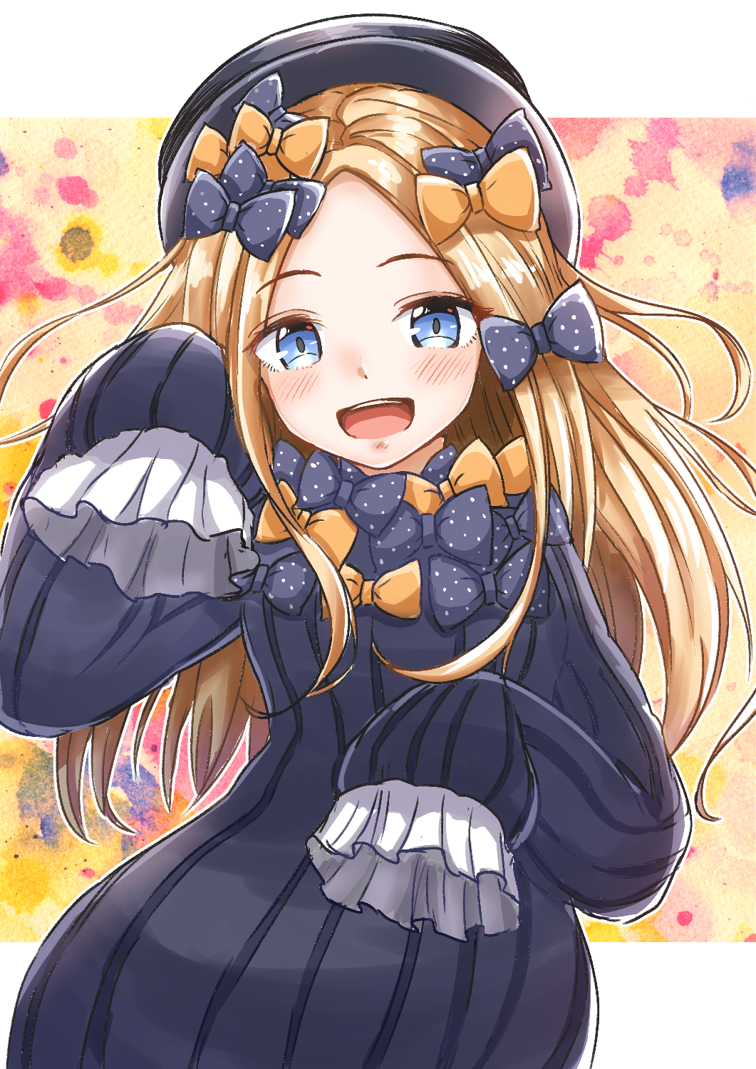 1girl abigail_williams_(fate/grand_order) admjgdme bangs black_bow black_dress black_headwear blonde_hair blue_eyes blush bow dress fate/grand_order fate_(series) forehead hair_bow hat highres long_hair long_sleeves looking_at_viewer open_mouth orange_bow parted_bangs polka_dot polka_dot_bow ribbed_dress sleeves_past_fingers sleeves_past_wrists smile solo