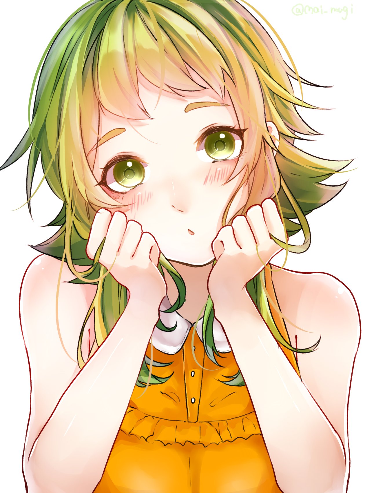 1girl bare_shoulders blush clenched_hands collar commentary frilled_shirt frills green_eyes green_hair gumi hands_on_own_cheeks hands_on_own_face head_rest highres looking_at_viewer mai_mugi orange_shirt parted_lips shirt short_hair_with_long_locks shoulder_blush sidelocks simple_background sleeveless sleeveless_shirt solo talking twitter_username upper_body vocaloid white_background white_collar