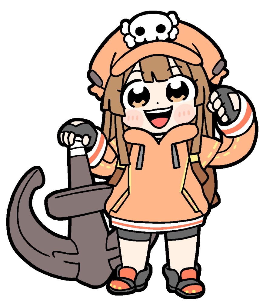 1girl anchor backpack bag bangs bike_shorts bkub black_gloves blush boots brown_eyes brown_hair chibi eyebrows_visible_through_hair fingerless_gloves full_body gloves guilty_gear guilty_gear_2020 hat hood hoodie long_hair long_sleeves may_(guilty_gear) open_mouth orange_headwear orange_hoodie pocket simple_background skull skull_and_crossbones solo standing weapon white_background