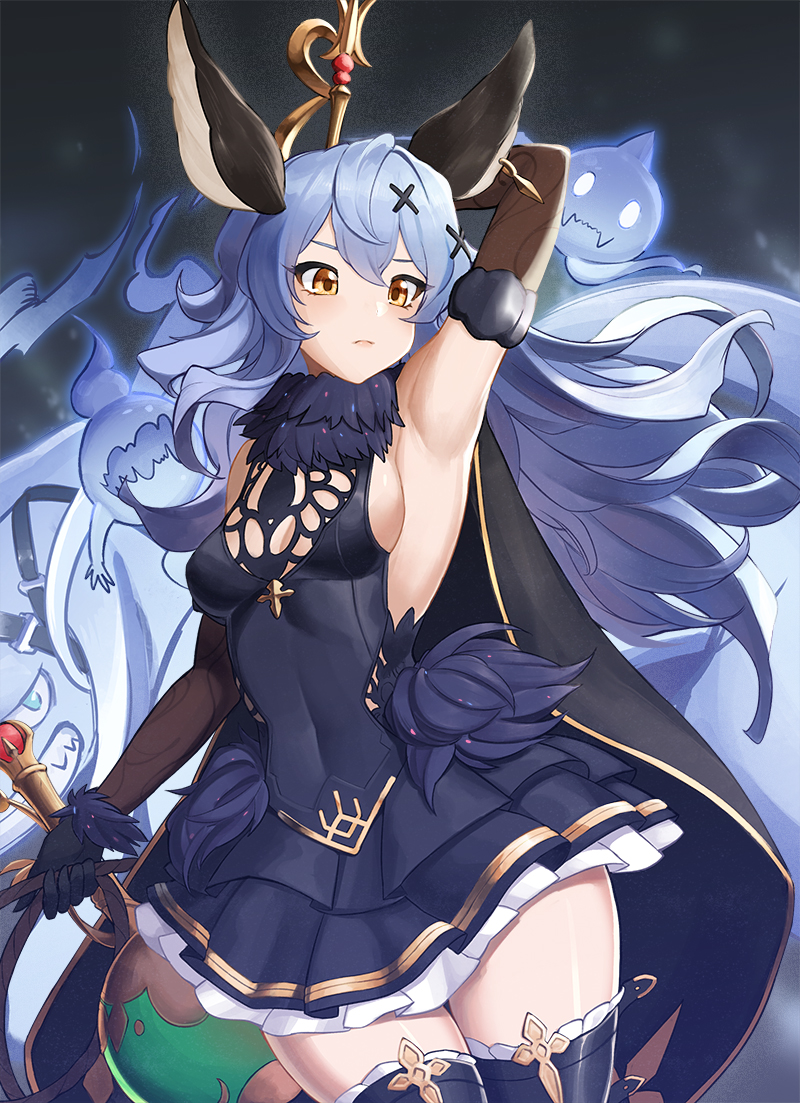 1girl animal_ears armpits blue_dress blue_hair breasts cowboy_shot curly_hair dress elbow_gloves erune expressionless ferry_(granblue_fantasy) ghost gloves granblue_fantasy hair_ornament hand_behind_head holding_whip long_hair looking_at_viewer medium_breasts solo thigh-highs vanety very_long_hair x_hair_ornament yellow_eyes