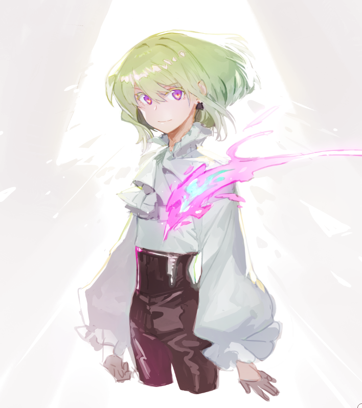 1boy black_pants dress_shirt earrings fire green_hair hillwithstar jewelry lio_fotia long_sleeves looking_at_viewer male_focus pants promare puffy_long_sleeves puffy_sleeves shirt short_hair smile solo violet_eyes