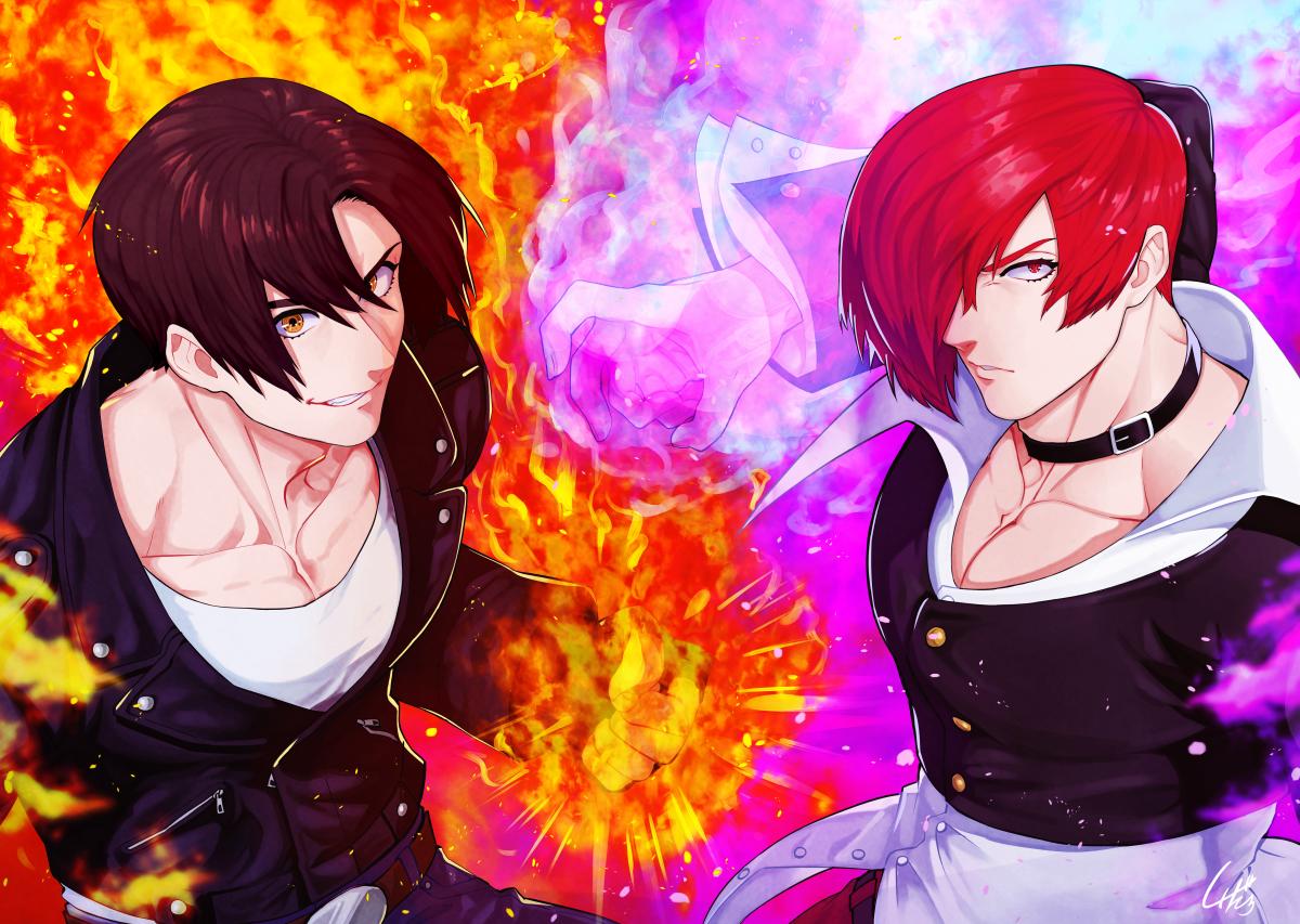 2boys brown_eyes brown_hair choker collar collarbone evil_grin evil_smile eyelashes fire grin hair_over_one_eye jacket juu_satoshi kusanagi_kyou leather leather_jacket male_focus multiple_boys parted_hair purple_fire pyrokinesis redhead smile the_king_of_fighters unbuttoned_sleeves yagami_iori yellow_eyes