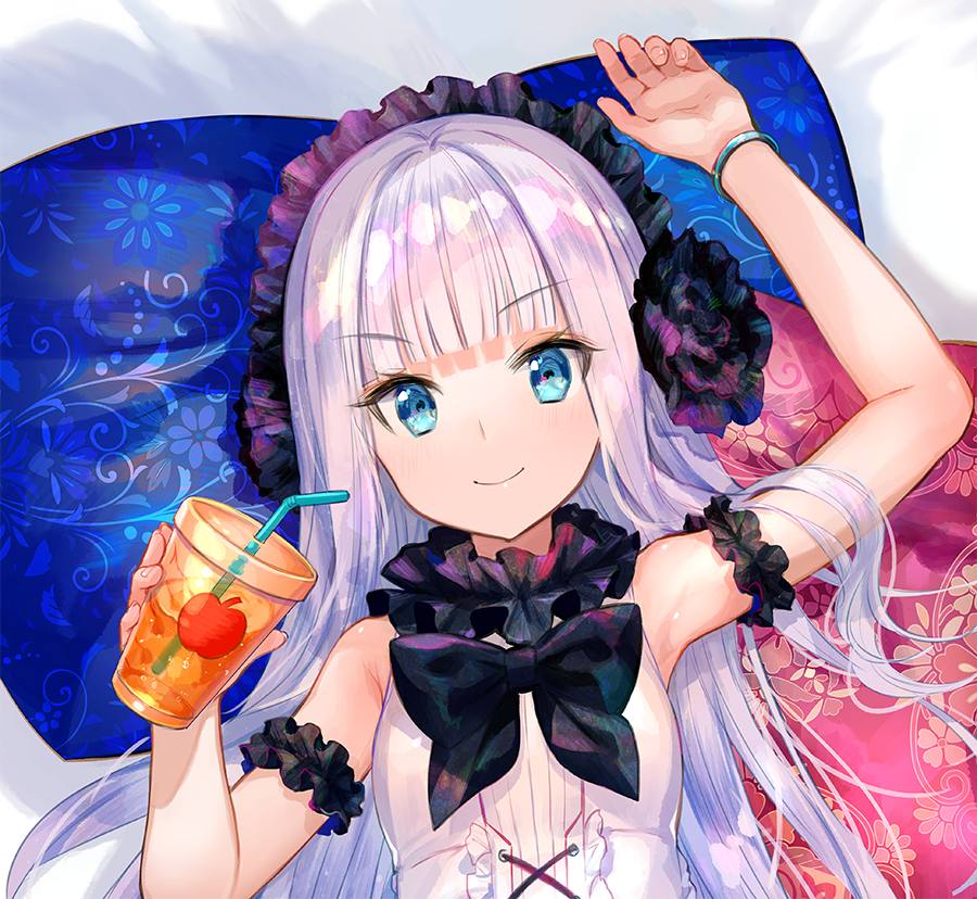 1girl arm_garter arm_up armpits bangs bare_arms bare_shoulders blue_eyes blunt_bangs bow bowtie bracelet breasts closed_mouth commentary_request cup disposable_cup dress drink drinking_straw floral_print fuji_choko hand_up headdress holding holding_cup jewelry kenja_no_deshi_wo_nanoru_kenja long_hair looking_at_viewer lying mira_(kenja) on_back pillow sleeveless sleeveless_dress small_breasts smile solo upper_body v-shaped_eyebrows white_dress white_hair