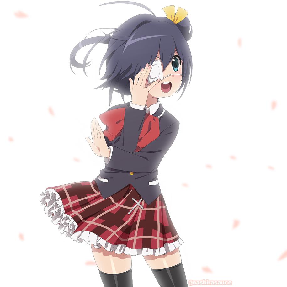 1girl ahoge black_hair black_legwear blazer blue_eyes chuunibyou_demo_koi_ga_shitai! commentary contact_lens contrapposto cowboy_shot english_commentary eyepatch jacket jojo_pose kyoto_animation moe nashirasauce one_side_up open_mouth pantyhose plaid plaid_skirt pleated_skirt red_skirt round_teeth school_uniform short_hair simple_background skirt solo standing takanashi_rikka teeth thighband_pantyhose tokyo_mx upper_teeth white_background