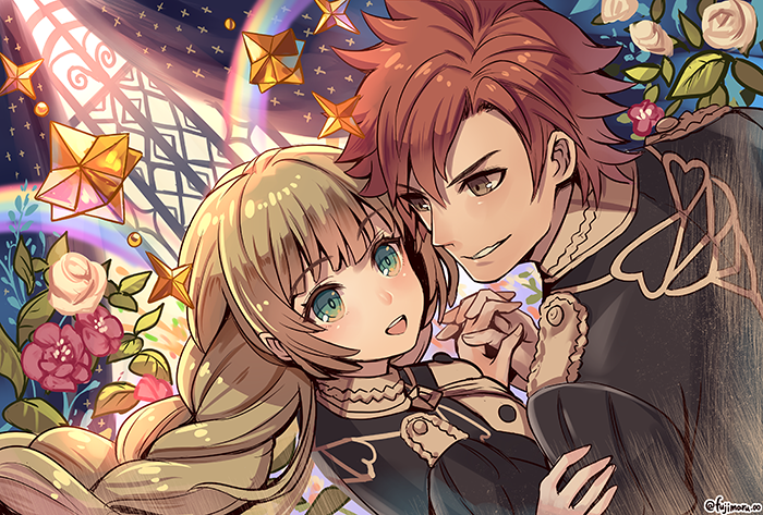 1boy 1girl blonde_hair epaulettes fire_emblem fire_emblem:_three_houses flower fujimaru_(green_sparrow) garreg_mach_monastery_uniform green_eyes grin holding_hands ingrid_brandol_galatea long_hair open_mouth orange_eyes orange_hair short_hair smile sylvain_jose_gautier uniform