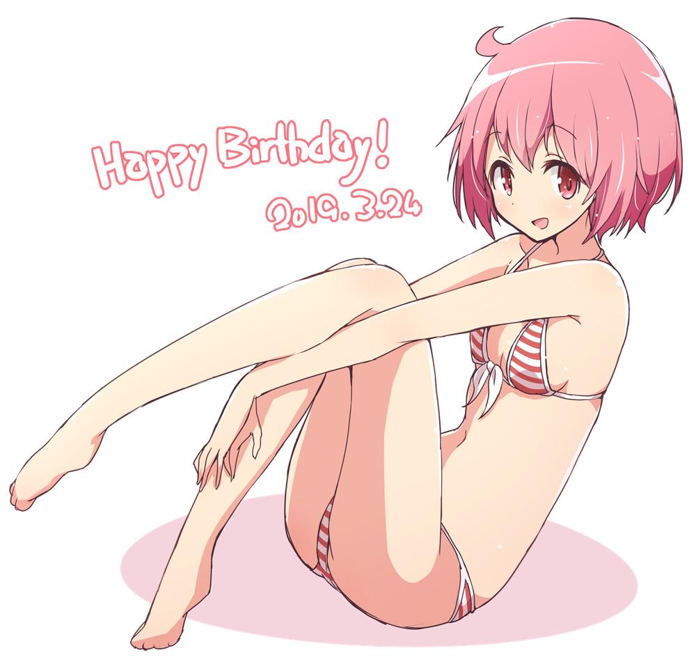 1girl ahoge barefoot bikini breasts commentary dated english_text eyebrows_visible_through_hair front-tie_bikini front-tie_top happy_birthday leg_hug leg_up looking_at_viewer mel_(melty_pot) nonohara_yuzuko open_mouth pink_eyes pink_hair red_bikini shadow short_hair simple_background sitting small_breasts smile solo striped striped_bikini swimsuit white_background yuyushiki