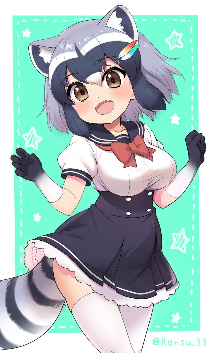 1girl adapted_costume animal_ear_fluff animal_ears black_hair blush bow bowtie brown_eyes commentary_request common_raccoon_(kemono_friends) cowboy_shot extra_ears eyebrows_visible_through_hair fang feathers frilled_skirt frills gloves gradient_gloves grey_hair hair_feathers hair_ornament hairclip high-waist_skirt highres kemono_friends multicolored multicolored_clothes multicolored_gloves multicolored_hair navy_blue_gloves navy_blue_skirt open_mouth pleated_skirt puffy_short_sleeves puffy_sleeves raccoon_ears raccoon_girl raccoon_tail ransusan red_neckwear sailor_collar school_uniform serafuku shirt short_hair short_sleeves skirt solo star tail thigh-highs twitter_username white_frills white_gloves white_hair white_legwear white_shirt zettai_ryouiki