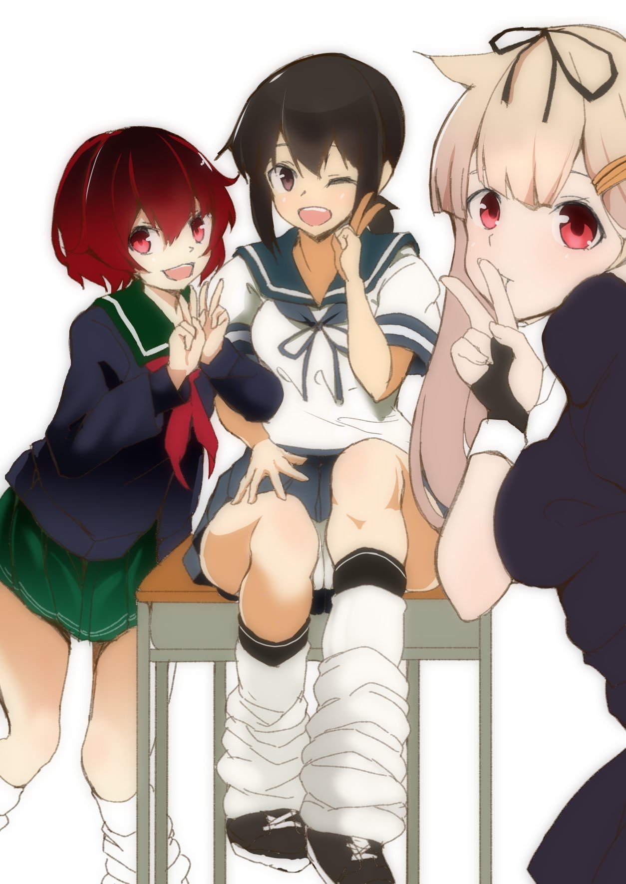 3girls adapted_costume black_eyes black_footwear black_gloves black_hair black_legwear black_ribbon black_serafuku blonde_hair blue_neckwear blue_sailor_collar blue_skirt brown_hair cowboy_shot desk feet_out_of_frame fubuki_(kantai_collection) full_body gloves gradient_hair green_skirt grey_sweater hair_flaps hair_ribbon highres kantai_collection kneehighs long_hair looking_at_viewer loose_socks matetsu_(nakayoshi_sanfujinka) multicolored_hair multiple_girls mutsuki_(kantai_collection) neckerchief panties pantyshot pantyshot_(sitting) pleated_skirt ponytail red_eyes red_neckwear redhead remodel_(kantai_collection) ribbon sailor_collar school_desk school_uniform self_shot serafuku shoes short_hair sidelocks sitting skirt sneakers sweater underwear upper_body v white_legwear white_panties yuudachi_(kantai_collection)