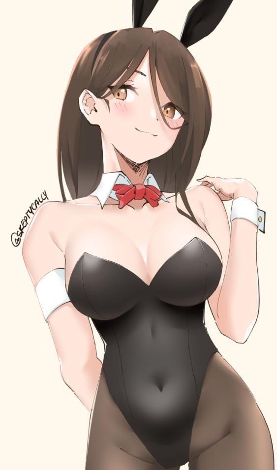 1girl animal_ears armband black_leotard bow bowtie breasts brown_eyes brown_hair brown_legwear bunny_tail bunnysuit covered_navel cowboy_shot detached_collar hair_between_eyes highleg highleg_leotard large_breasts leotard looking_to_the_side original pantyhose rabbit_ears red_neckwear skeptycally smile solo strapless strapless_leotard tail twitter_username white_background wrist_cuffs