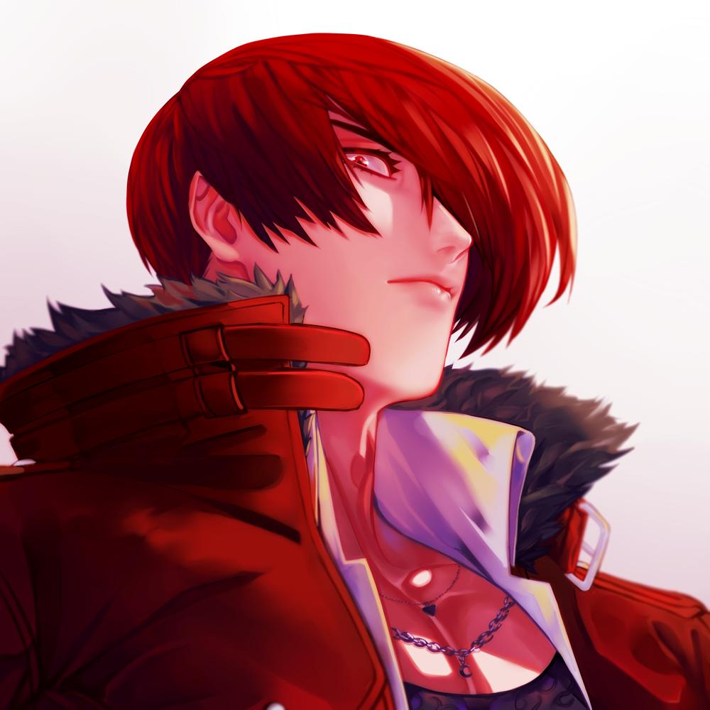 1boy eyelashes face fur_collar hair_over_one_eye high_collar jewelry juu_satoshi lips male_focus necklace popped_collar red_eyes solo the_king_of_fighters yagami_iori
