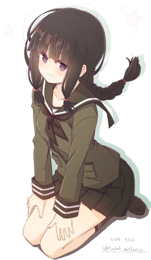 1girl bangs black_hair black_legwear blush braid brown_neckwear commentary_request dated eyebrows_visible_through_hair fujisaki_yuu full_body green_sailor_collar green_serafuku green_shirt green_skirt grin hands_on_own_thighs kantai_collection kitakami_(kantai_collection) long_hair looking_at_viewer neckerchief pleated_skirt sailor_collar school_uniform seiza serafuku shadow shirt sidelocks single_braid sitting skirt smile socks solo twitter_username violet_eyes white_background