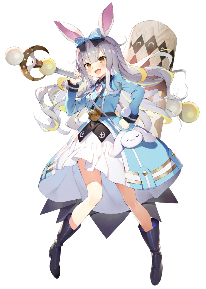1girl animal_ears bangs black_bow black_footwear blonde_hair blue_bow blue_dress blush boots bow brown_eyes commentary_request dress eyebrows_visible_through_hair grey_hair hair_ornament hammer holding holding_hammer long_sleeves matsui_hiroaki multicolored_hair open_mouth original rabbit_ears simple_background solo two-tone_hair virtual_youtuber white_background