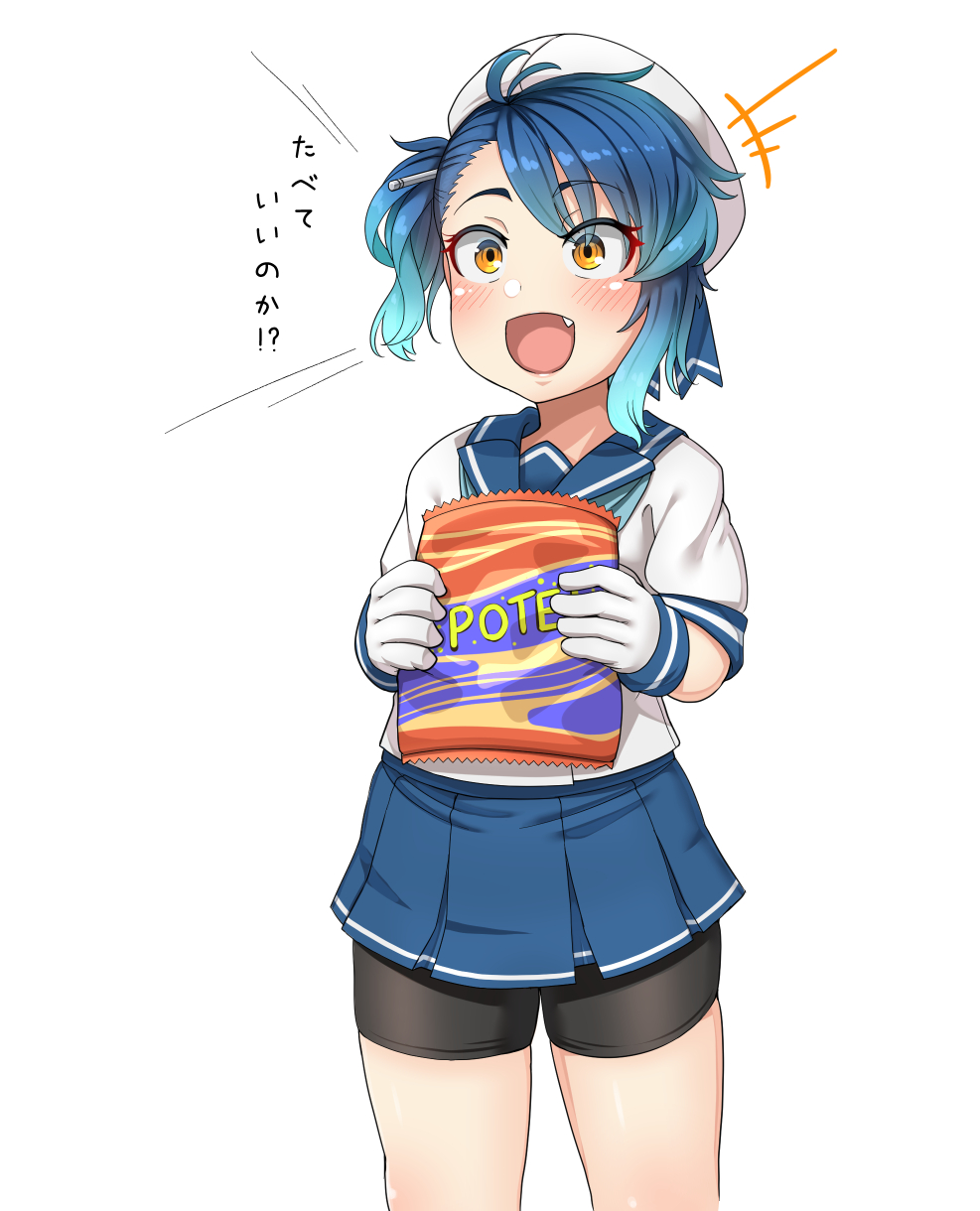 +++ 1girl bag bike_shorts blue_hair blue_ribbon blue_skirt chips commentary_request eyebrows_visible_through_hair eyes_visible_through_hair fang food fukae_(kantai_collection) gloves gradient_hair hair_between_eyes hair_ornament hat highres holding holding_food kantai_collection multicolored_hair open_mouth pleated_skirt potato_chips ribbon ryuun_(stiil) sailor_collar school_uniform serafuku shirt short_hair short_sleeves side_ponytail sidelocks skindentation skirt smile solo translated white_gloves white_headwear white_shirt