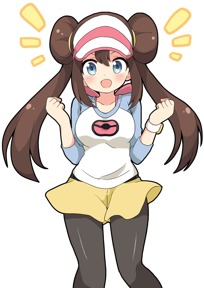 1girl :d bangs black_legwear blue_eyes blush breasts brown_hair commentary_request double_bun eyebrows_visible_through_hair hair_between_eyes hands_up legwear_under_shorts long_hair long_sleeves massala medium_breasts mei_(pokemon) notice_lines open_mouth pantyhose pokemon_masters shirt short_shorts shorts sidelocks simple_background smile solo twintails v-shaped_eyebrows very_long_hair visor_cap white_background white_headwear white_shirt yellow_shorts