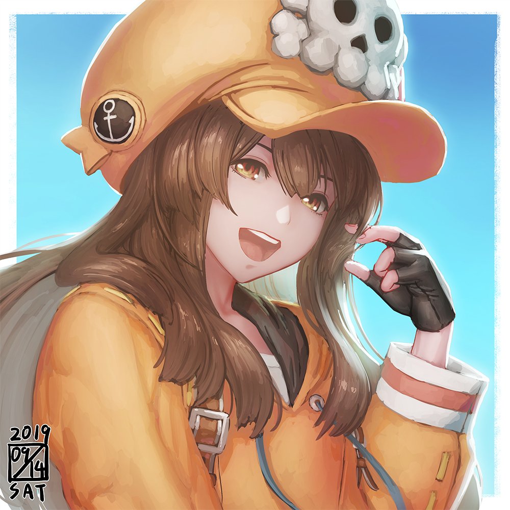 1girl 2019 anchor_symbol backpack bag black_gloves brown_hair buckle dated fingerless_gloves gloves guilty_gear hair_between_eyes hat ikeda_(cpt) may_(guilty_gear) open_mouth orange_eyes orange_headwear signature skull smile solo