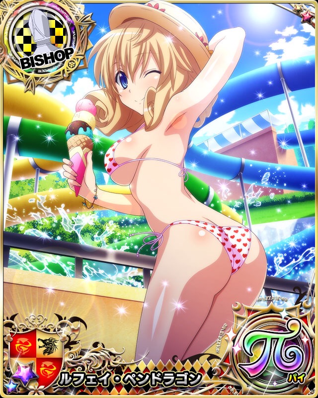 1girl ;) arm_behind_head armpits ass bikini bishop_(chess) blonde_hair blue_eyes bracelet breasts card_(medium) character_name chess_piece closed_mouth day food hat high_school_dxd high_school_dxd_hero high_school_dxd_pi ice_cream jewelry le_fay_pendragon long_hair looking_at_viewer medium_breasts official_art one_eye_closed sideboob smile solo swimsuit trading_card water