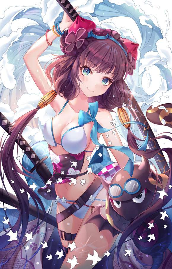 1girl arm_up armpits bangle bare_shoulders belt bikini blue_eyes bracelet collarbone cowboy_shot develop2 fate/grand_order fate_(series) floral_print goggles goggles_on_head hair_ornament holding holding_sword holding_weapon jewelry katana katsushika_hokusai_(swimsuit_saber)_(fate) leg_belt long_hair looking_at_viewer low_twintails navel octopus purple_hair smile standing swimsuit sword tokitarou_(fate/grand_order) twintails very_long_hair water waves weapon white_bikini