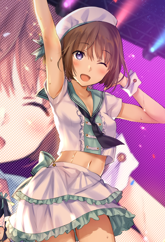 1girl ;d arm_up armpits beret blush breasts brown_hair cowboy_shot crop_top crop_top_overhang frilled_skirt frills hand_up hat layered_skirt looking_at_viewer midriff navel necktie one_eye_closed open_mouth original sailor_collar shirt short_hair short_sleeves skirt small_breasts smile solo stage_lights standing sweat tan_(tangent) violet_eyes white_headwear white_shirt white_skirt wrist_cuffs