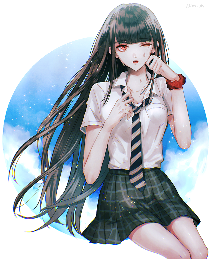 1girl alternate_costume bangs black_hair blue_neckwear blunt_bangs commentary_request dangan_ronpa green_skirt hair_ornament harukawa_maki long_hair looking_at_viewer mole mole_under_eye necktie new_dangan_ronpa_v3 pleated_skirt red_eyes red_scrunchie sakuyu school_uniform scrunchie serafuku shirt skirt solo very_long_hair white_shirt