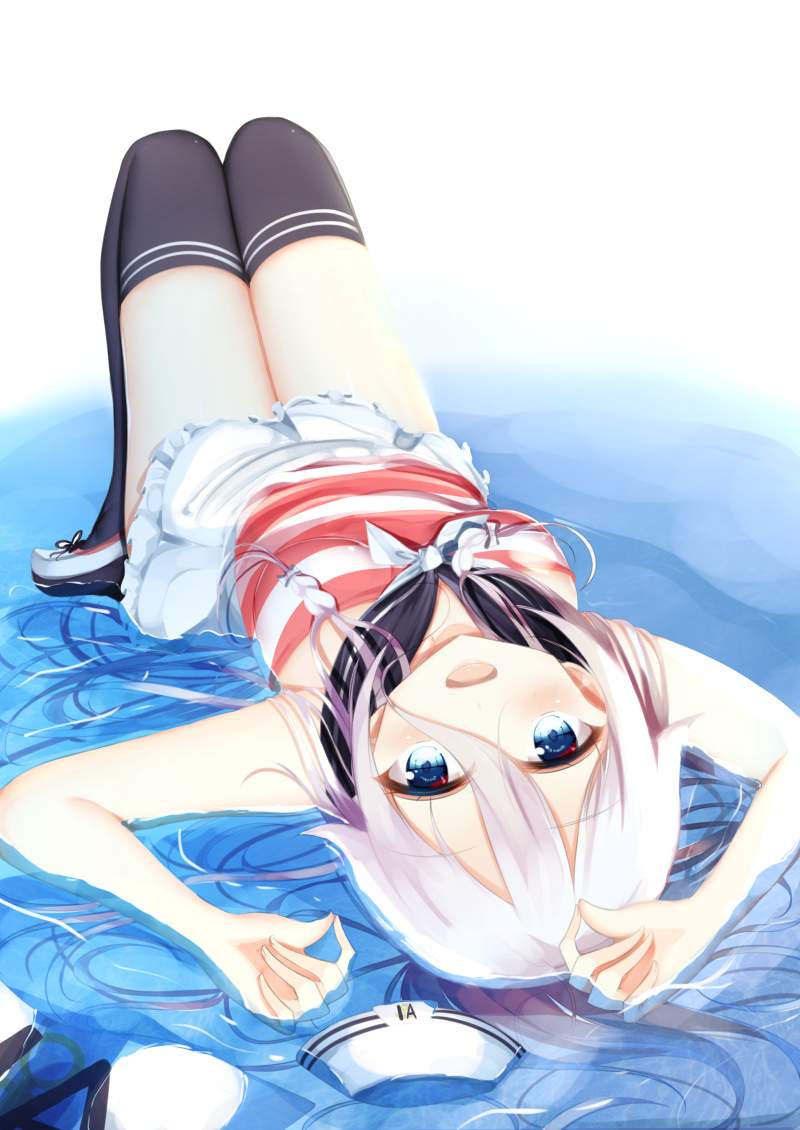 1girl :d arms_up aties20 bangs bare_arms bare_shoulders black_legwear black_sailor_collar blue_eyes blush breasts character_name commentary_request dress eyebrows_visible_through_hair frilled_dress frills hair_between_eyes hat hat_removed headwear_removed ia_(vocaloid) long_hair lying on_back open_mouth purple_hair sailor_collar sailor_dress sailor_hat shallow_water shoes sleeveless sleeveless_dress small_breasts smile solo striped striped_dress thigh-highs very_long_hair vocaloid water white_dress white_footwear white_headwear