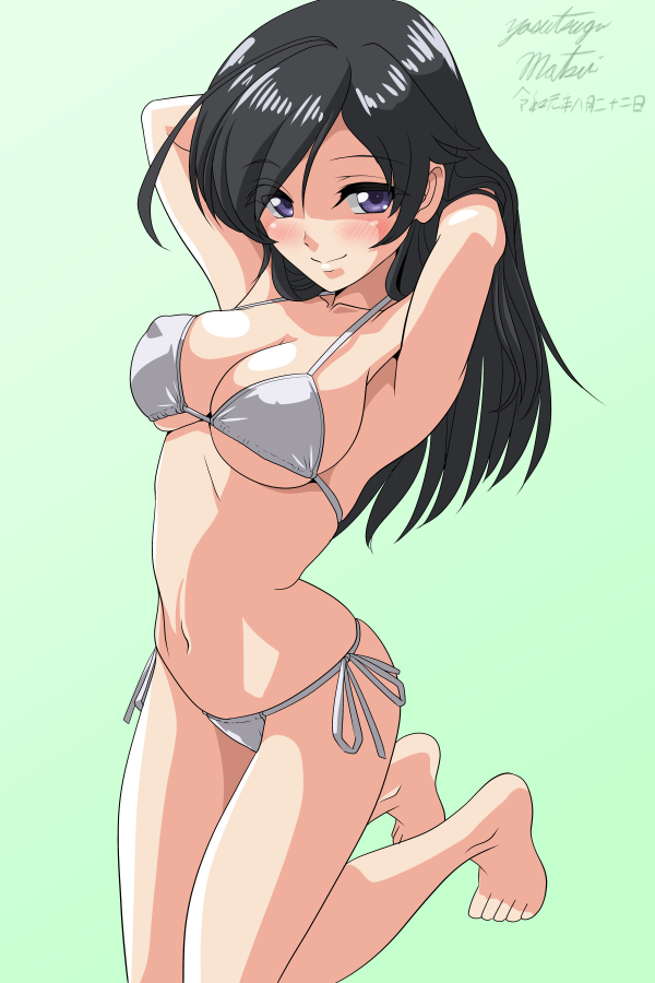 1girl ahoge arched_back armpits arms_behind_head arms_up artist_name bangs barefoot bikini black_eyes black_hair blush breasts closed_mouth commentary dated girls_und_panzer green_background hands_in_hair isuzu_hana kneeling large_breasts long_hair looking_at_viewer matsui_yasutsugu navel side-tie_bikini signature simple_background skindentation smile solo swimsuit white_bikini