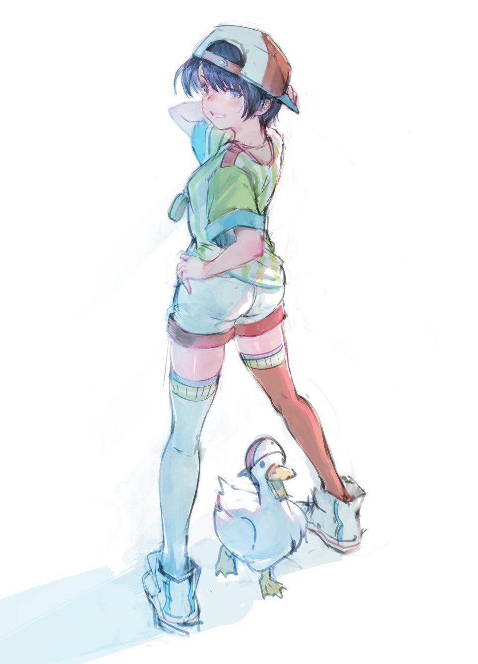 1girl backwards_hat bangs baseball_cap bird black_hair blue_eyes commentary duck full_body gigapuri grin hand_on_headwear hat highres hololive looking_at_viewer mismatched_legwear oozora_subaru oozora_subaru_(duck) oversized_clothes red_legwear shirt shoes short_hair shorts smile sneakers solo standing stopwatch striped striped_shirt thigh-highs vertical-striped_shirt vertical_stripes virtual_youtuber watch white_footwear white_legwear white_shorts