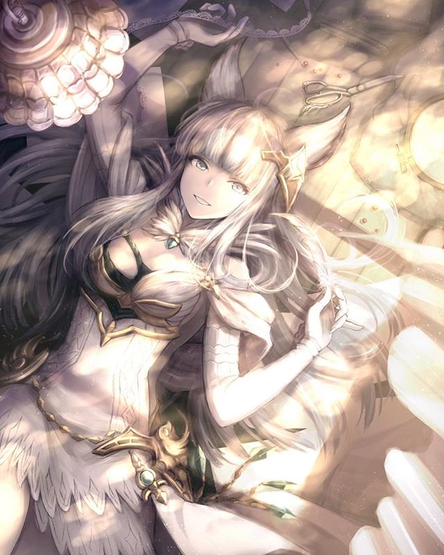 1girl animal_ears artist_request asymmetrical_clothes bangs blunt_bangs breasts dress elbow_gloves erune gloves granblue_fantasy grey_eyes grin hair_ornament korwa long_hair looking_at_viewer lying medium_breasts on_back quill silver_hair smile solo source_request very_long_hair white_gloves