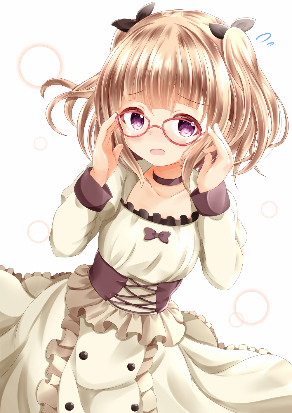 1girl adjusting_eyewear bangs black_bow black_choker black_ribbon blush bow brown_dress brown_hair choker collarbone commentary_request dress eyebrows_visible_through_hair flying_sweatdrops frilled_dress frills glasses hair_ribbon hands_up highres iijima_yun juliet_sleeves long_sleeves looking_at_viewer new_game! open_mouth puffy_sleeves red-framed_eyewear ribbon solo two_side_up violet_eyes zenon_(for_achieve)