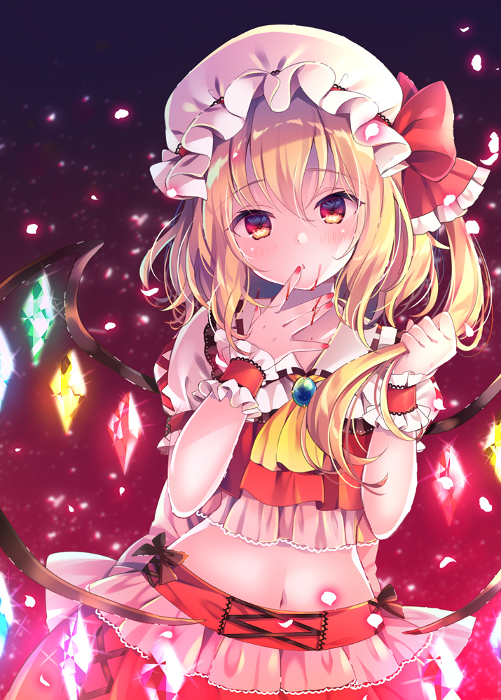 1girl ascot bangs black_background blonde_hair blood blush bow brooch commentary_request crop_top crystal eyebrows_visible_through_hair flandre_scarlet gradient gradient_background hair_between_eyes hands_up hat hat_bow holding holding_hair jewelry light_particles long_hair midriff mob_cap nail_polish navel nemuri_nemu one_side_up puffy_short_sleeves puffy_sleeves red_background red_bow red_eyes red_nails red_skirt red_vest shirt short_sleeves skirt skirt_set solo touhou upper_body vest white_headwear white_shirt wings wrist_cuffs yellow_neckwear