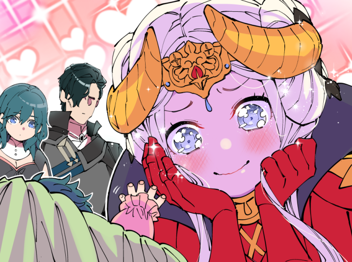 artist_request baby black_hair blonde_hair blue_eyes blue_hair blush byleth_(fire_emblem) byleth_eisner_(female) cape edelgard_von_hresvelg epaulettes fire_emblem fire_emblem:_three_houses gloves hair_ornament hair_over_one_eye horns hubert_von_vestra long_hair looking_at_viewer multiple_girls red_cape ribbon short_hair simple_background smile