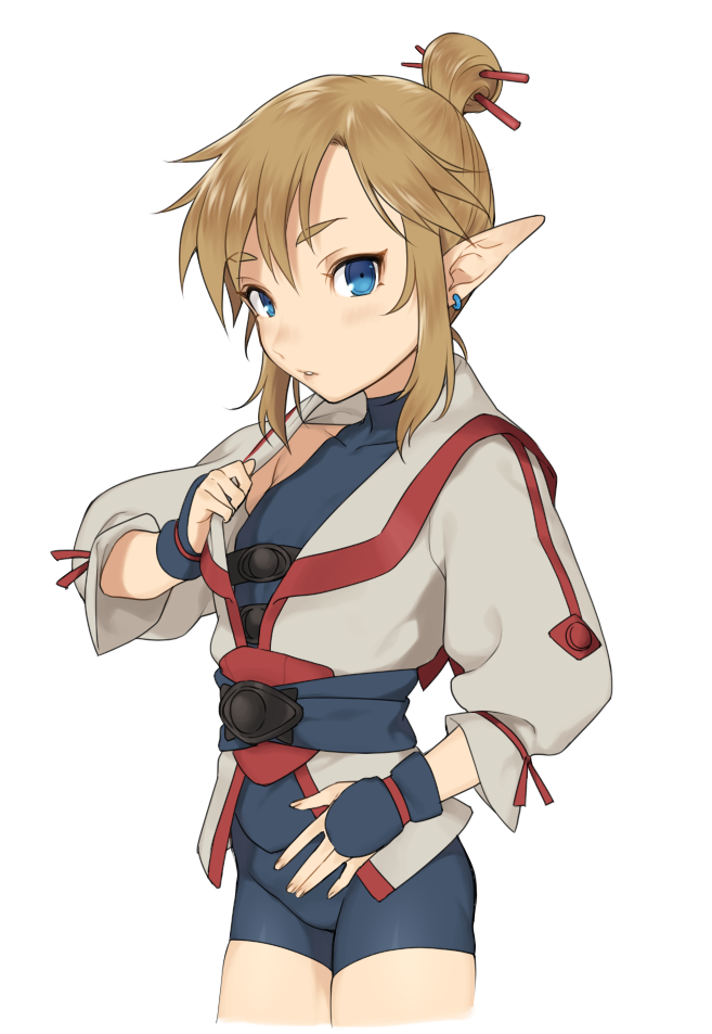 1boy alternate_costume alternate_hairstyle bangs beige_jacket blonde_hair blue_eyes blue_gloves bnags commentary earrings eyebrows_visible_through_hair gloves hair_bun jacket jewelry link looking_at_viewer meimone pointy_ears simple_background solo the_legend_of_zelda white_background