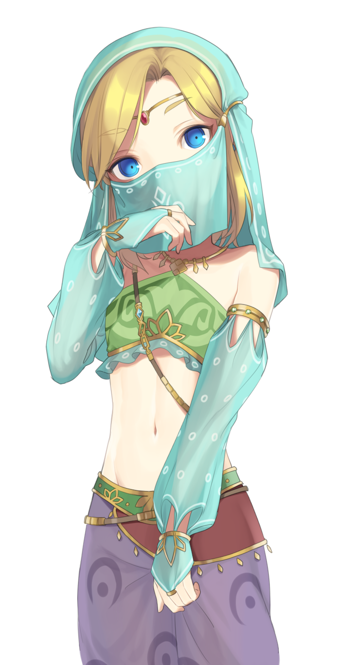 1boy alternate_costume blonde_hair blue_eyes bridal_gauntlets bridal_veil commentary_request covered_mouth crossdressinging detached_sleeves gerudo_link highres link looking_at_viewer meimone midriff navel otoko_no_ko pointy_ears simple_background solo stomach the_legend_of_zelda the_legend_of_zelda:_breath_of_the_wild veil white_background