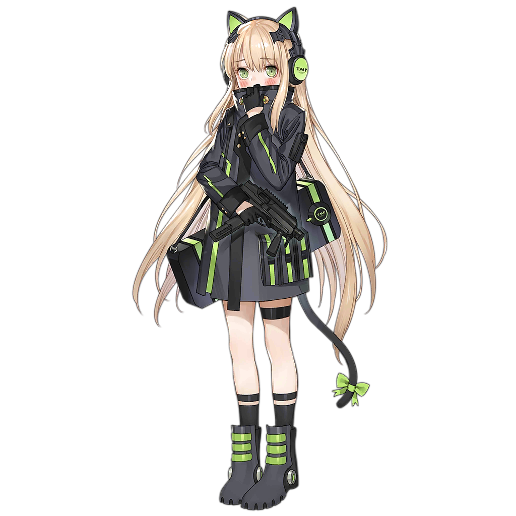 1girl bangs black_gloves black_legwear blonde_hair blush cat_ear_headphones cat_tail closed_mouth eyebrows_visible_through_hair full_body girls_frontline gloves green_eyes gun haijin half_gloves headphones holding holding_gun holding_weapon jacket long_hair official_art sidelocks solo standing steyr_tmp submachine_gun tail tmp_(girls_frontline) transparent_background trigger_discipline very_long_hair weapon