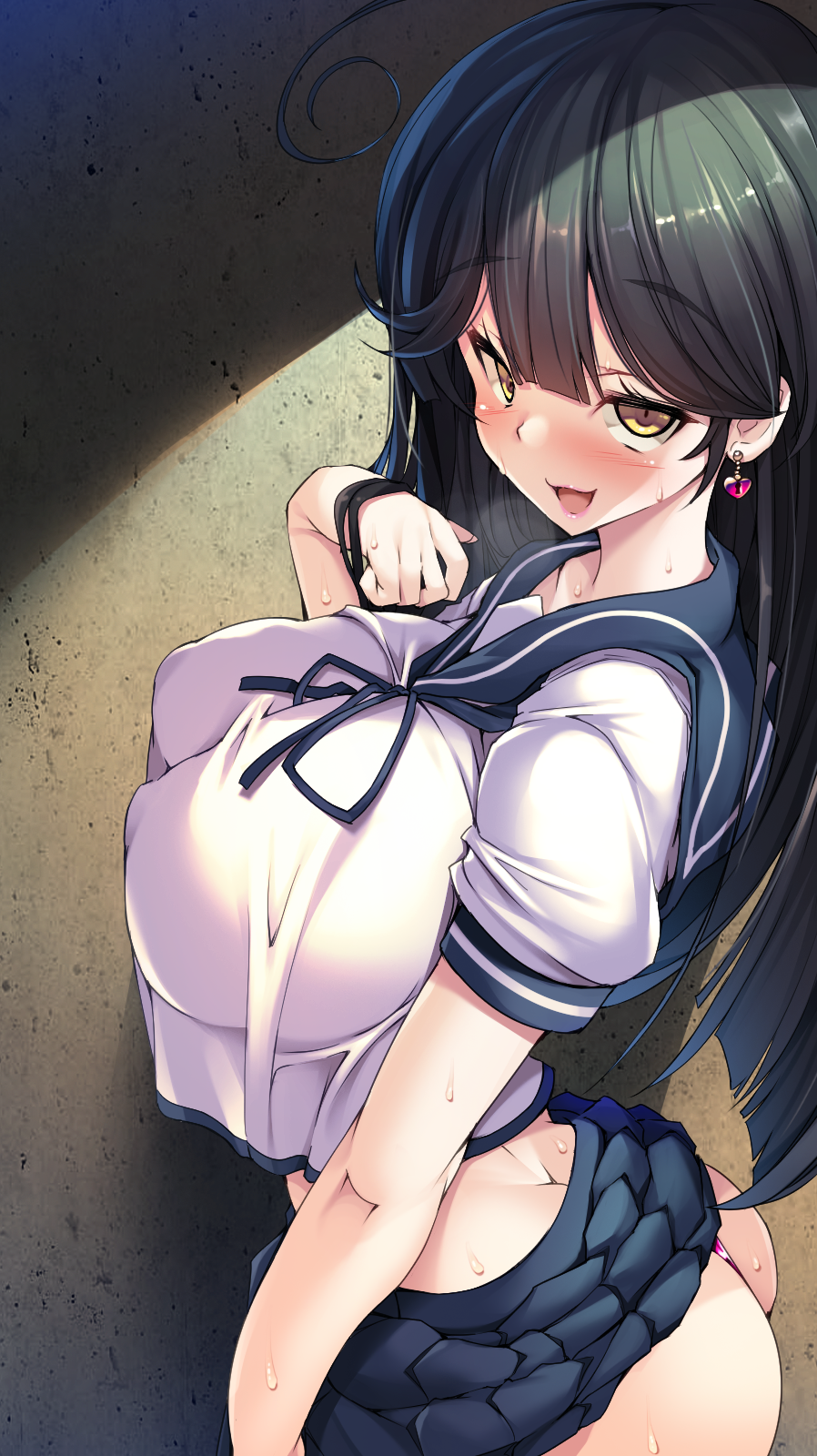 1girl ahoge ass bangs black_hair blush breasts butt_crack covered_nipples earrings eyebrows_visible_through_hair heart heart_earrings highres impossible_clothes jewelry kantai_collection large_breasts long_hair looking_at_viewer open_mouth panties purple_panties school_uniform serafuku skirt skirt_lift smile solo torisan underwear ushio_(kantai_collection)
