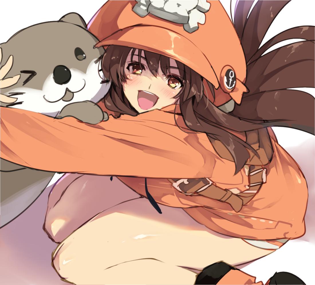 1girl ;d backpack bag brown_eyes brown_hair coat guilty_gear_2020 hat hug jako_(toyprn) long_hair may_(guilty_gear) one_eye_closed open_mouth orange_coat orange_headwear otter sitting skull_and_crossbones smile solo thighs wariza