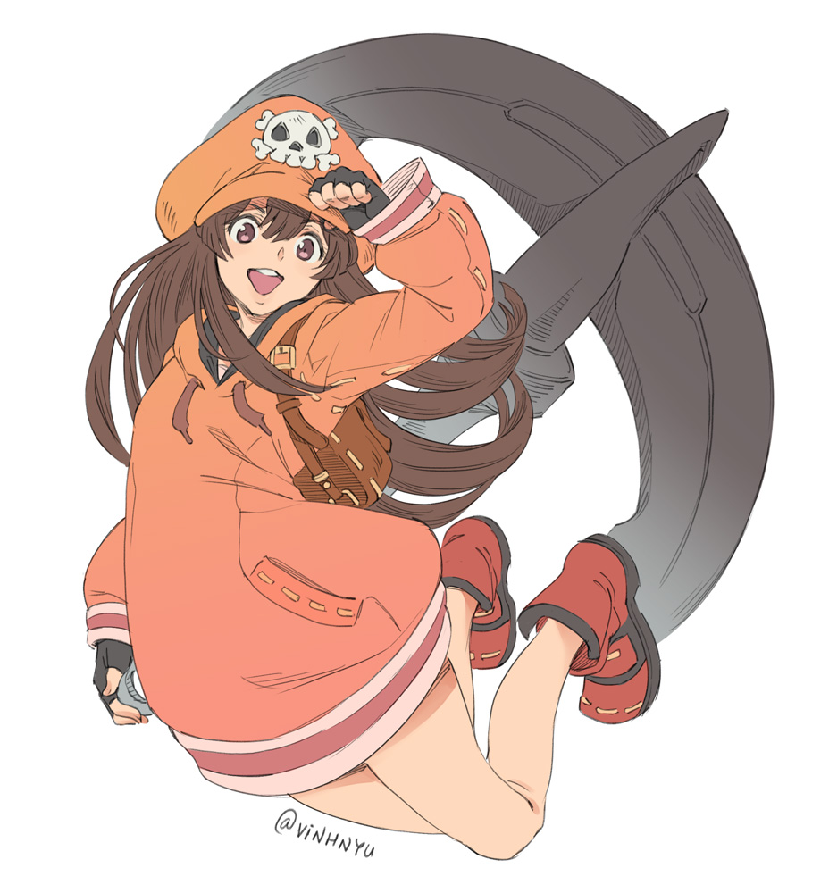 1girl :d anchor backpack bag black_gloves brown_hair fingerless_gloves full_body gloves guilty_gear guilty_gear_2020 hat legs long_hair long_sleeves looking_at_viewer may_(guilty_gear) open_mouth orange_headwear pink_eyes red_footwear shoes simple_background skull_and_crossbones smile solo twitter_username vinhnyu white_background