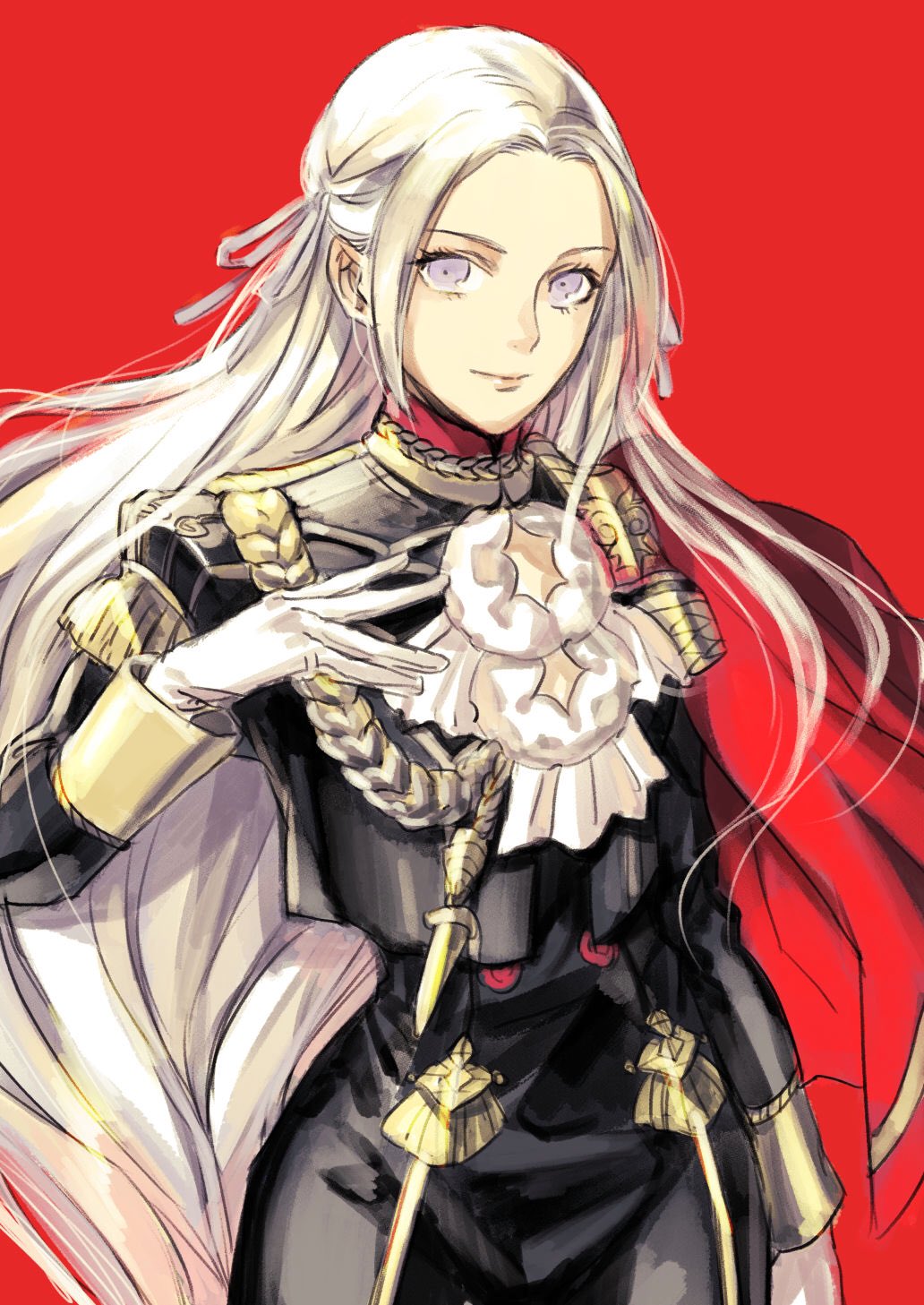 1girl artist_request blonde_hair blue_eyes blush cape cravat cute edelgard_von_hresvelg fire_emblem fire_emblem:_three_houses fire_emblem:_three_houses garreg_mach_monastery_uniform gloves hair_ornament hair_ribbon highres intelligent_systems koei_tecmo lips long_hair looking_at_viewer nintendo red_cape ribbon simple_background smile solo super_smash_bros. tiny_pupils uniform white_background