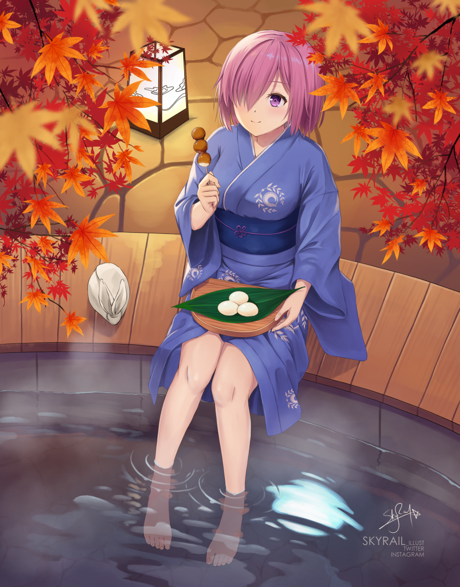 1girl bangs barefoot blush breasts commentary_request fate/grand_order fate_(series) from_above hair_over_one_eye highres japanese_clothes kimono large_breasts lavender_hair looking_at_viewer mash_kyrielight purple_hair short_hair sitting skyrail smile solo tsukimi violet_eyes water yukata