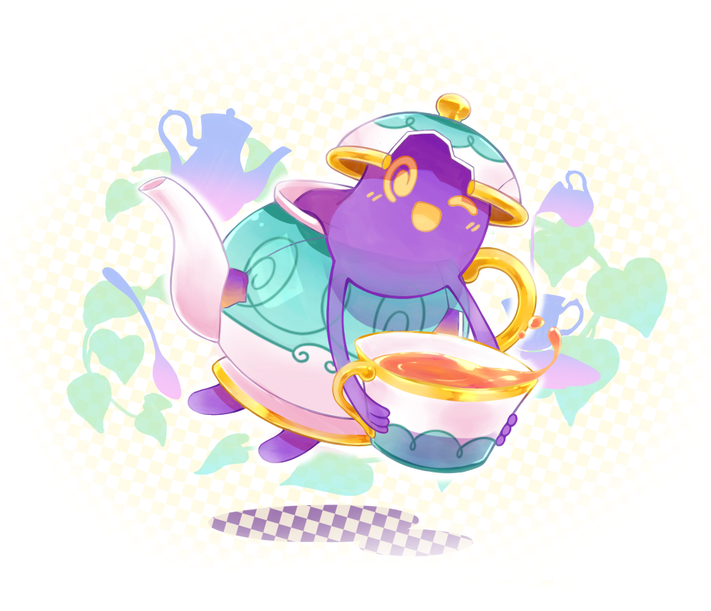 @_@ blush cup leaf one_eye_closed open_mouth pokemon pokemon_(creature) pokemon_(game) pokemon_swsh polteageist purple_skin putto solo teacup teapot traditional_media watercolor_(medium) white_background