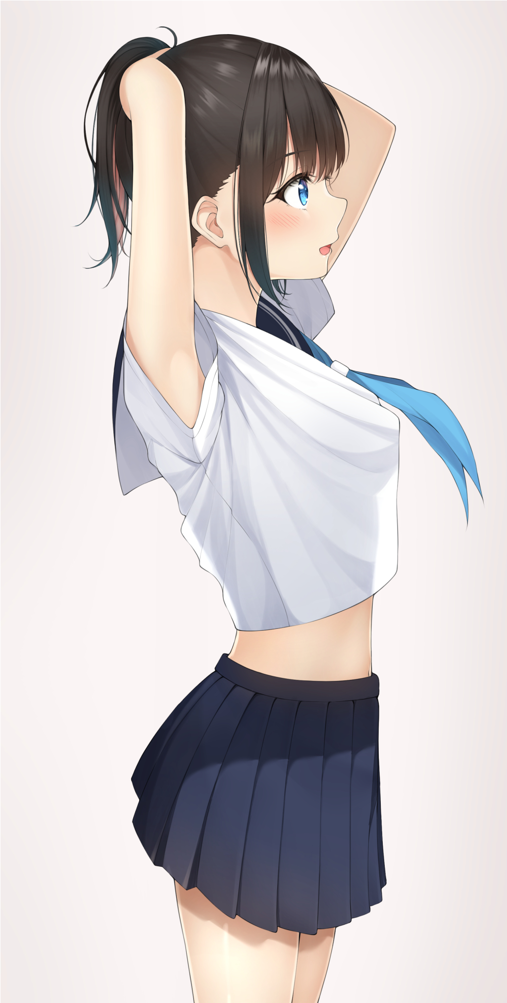 1girl armpit_peek arms_behind_head arms_up black_hair blue_eyes blue_skirt blush breasts commentary_request cowboy_shot crop_top from_side high-waist_skirt highres long_hair looking_away medium_breasts midriff mottsun_(i_40y) neckerchief open_mouth original pleated_skirt ponytail sailor_collar school_uniform see-through serafuku shirt short_sleeves sidelocks skirt solo tying_hair white_shirt