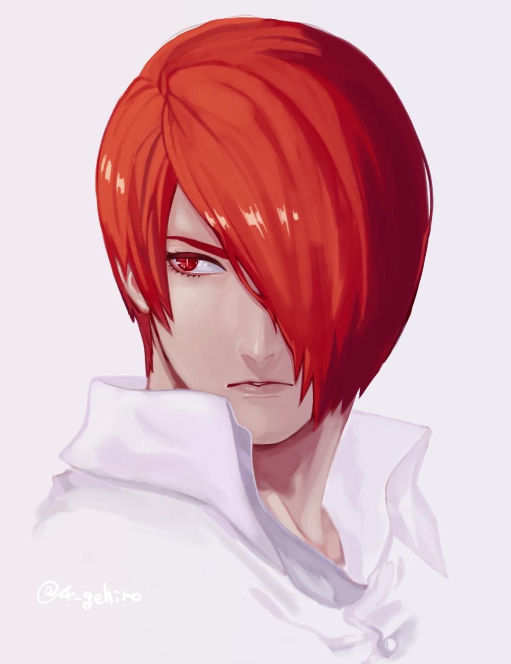 1boy eyelashes grey_background hair_over_one_eye high_collar highres juu_satoshi lips looking_to_the_side male_focus portrait redhead solo the_king_of_fighters yagami_iori