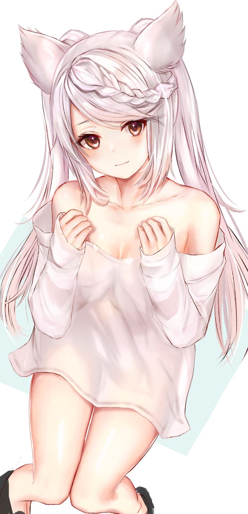 1girl animal_ears bare_shoulders braid breasts brown_eyes closed_mouth commentary_request erune fraux granblue_fantasy highres light_smile long_hair looking_at_viewer medium_breasts oversized_clothes oversized_shirt ria_(riarea00) shirt silver_hair solo twintails very_long_hair