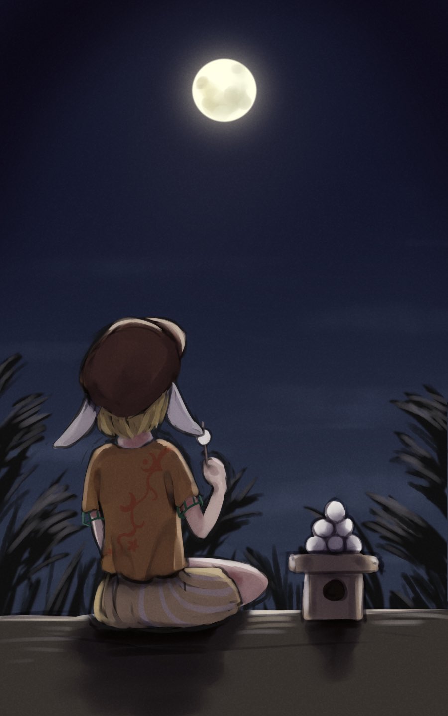 1girl animal_ears blonde_hair brown_headwear commentary_request dango dtvisu flat_cap food from_behind full_moon grass hand_up hat highres holding holding_food moon night night_sky orange_shirt outdoors partial_commentary rabbit_ears ringo_(touhou) shirt short_hair short_sleeves shorts sitting sky solo touhou wagashi yellow_shorts
