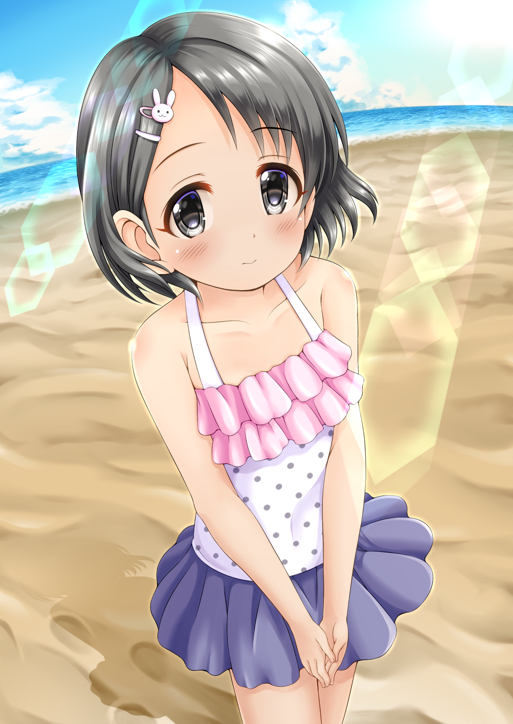 1girl bangs bare_arms bare_shoulders beach black_eyes black_hair blue_skirt blue_sky blush bunny_hair_ornament camisole closed_mouth clouds cloudy_sky collarbone day eyebrows_visible_through_hair hair_ornament hairclip highres horizon idolmaster idolmaster_cinderella_girls ocean outdoors pleated_skirt polka_dot polka_dot_camisole regular_mow sand sasaki_chie skirt sky solo standing water white_camisole