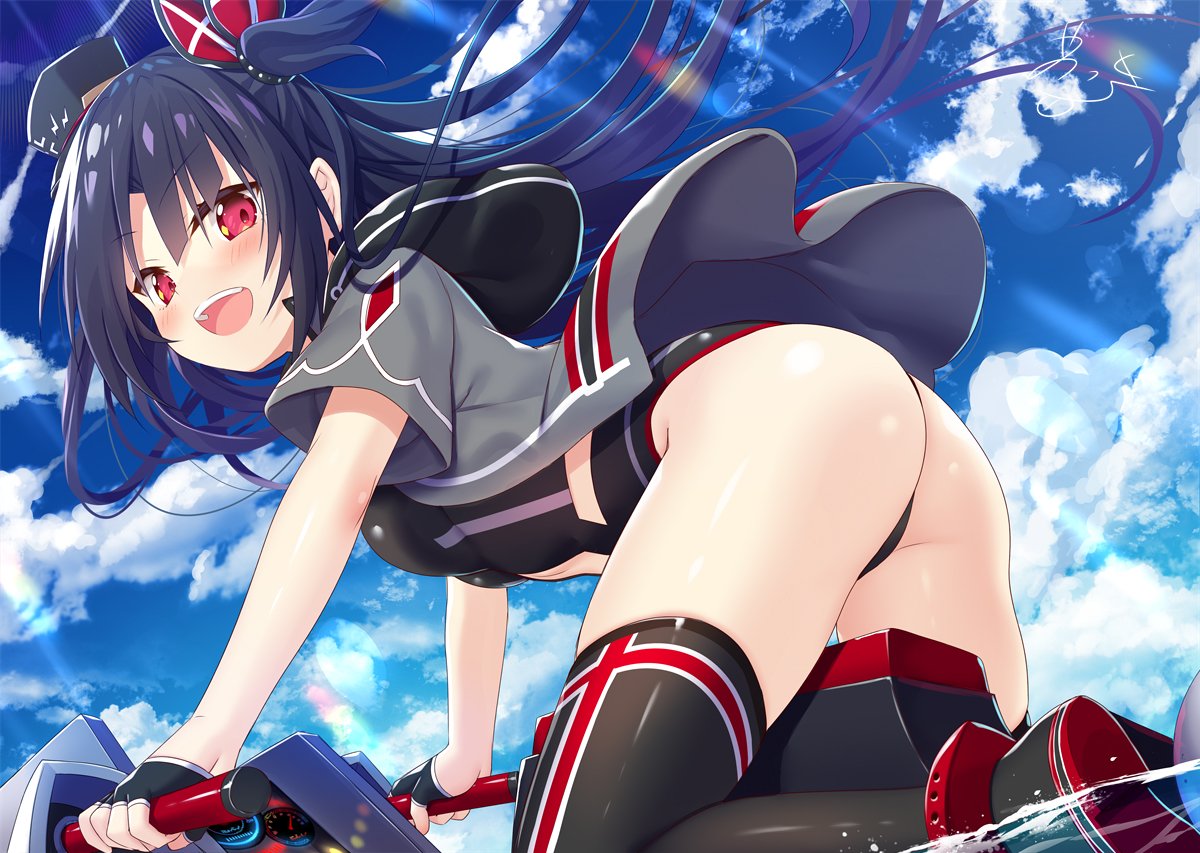 1girl ass azur_lane bent_over black_hair black_legwear blush clouds cloudy_sky commentary_request fingerless_gloves gloves hat jacket long_hair looking_at_viewer open_mouth red_eyes side_ponytail sky solo swimsuit thigh-highs u-73_(azur_lane) watercraft yano_mitsuki