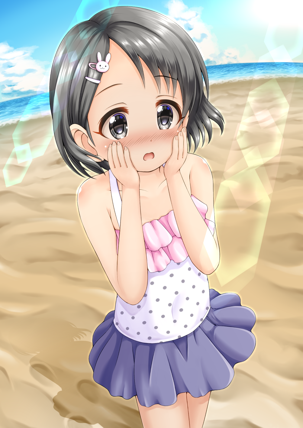 1girl bangs bare_arms bare_shoulders beach black_eyes black_hair blue_skirt blue_sky blush bunny_hair_ornament camisole clouds cloudy_sky collarbone day eyebrows_visible_through_hair fingernails hair_ornament hairclip hands_on_own_face hands_up highres horizon idolmaster idolmaster_cinderella_girls nose_blush ocean open_mouth outdoors pleated_skirt polka_dot polka_dot_camisole regular_mow sand sasaki_chie skirt sky solo standing water white_camisole