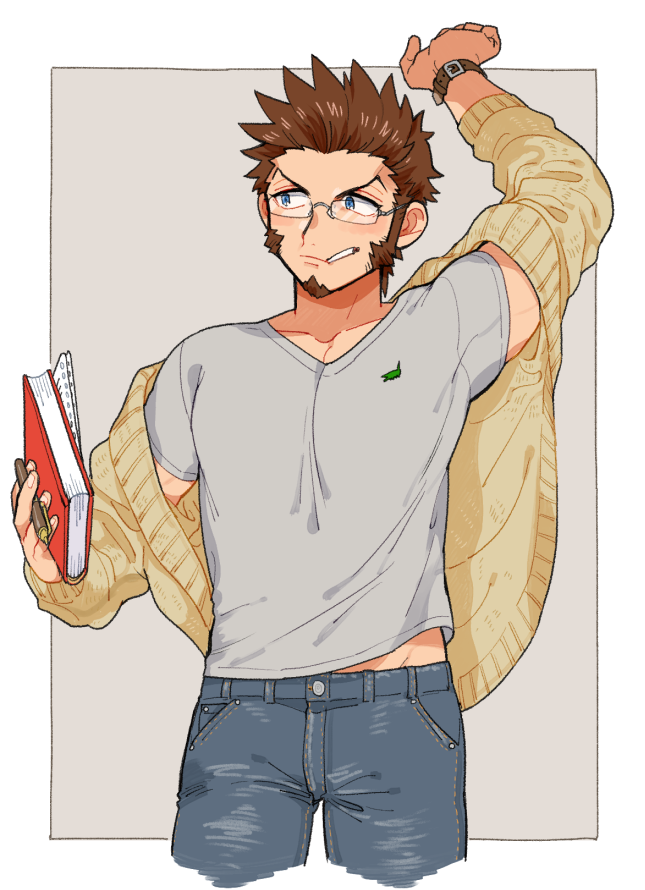 1boy alternate_costume beard blue_eyes book brown_hair chest cigarette coat denim facial_hair fate/grand_order fate_(series) glasses jeans long_sleeves looking_to_the_side male_focus napoleon_bonaparte_(fate/grand_order) pants pectorals shirt_lift shitappa solo undressing watch